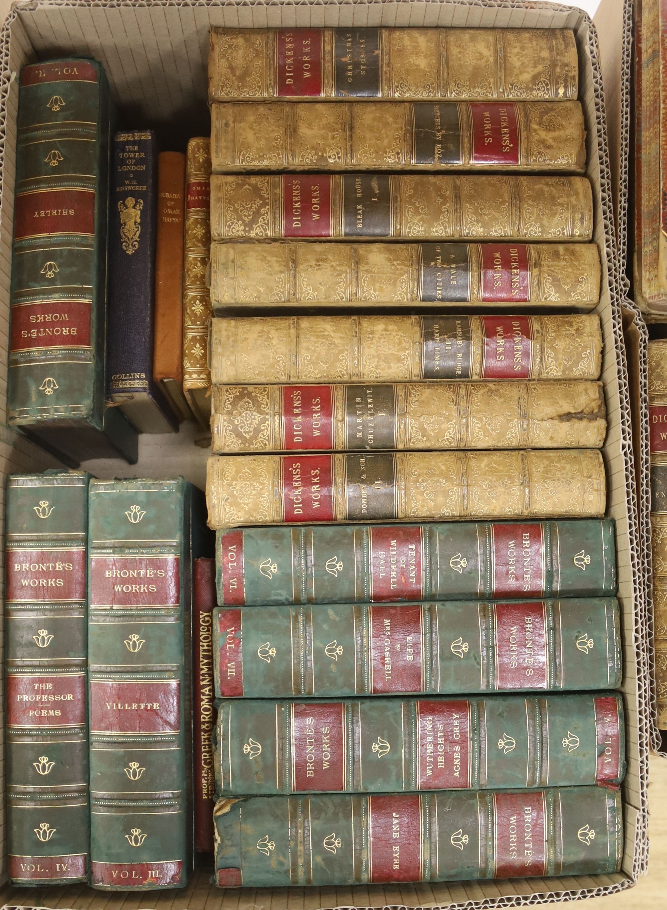 Bindings, mainly 19th century half calf works of Charles Dickens, George Eliot, the Bronte sisters, etc. in 4 boxes